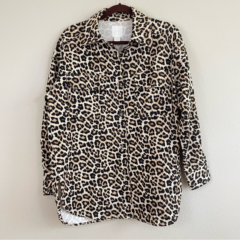 H&M Leopard Print‎ Oversized Cotton Twill Shacket Size Small - Picture 2 of 11